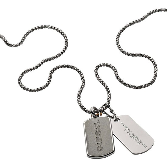DIESEL Engraved Stainless Steel and Concrete Double Dog Tag Necklace DX1194040