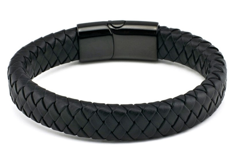 BLACK INTERTWINED LEATHER BRACELET WITH STAINLESS STEEL CLASP BY MENVARD MV1015