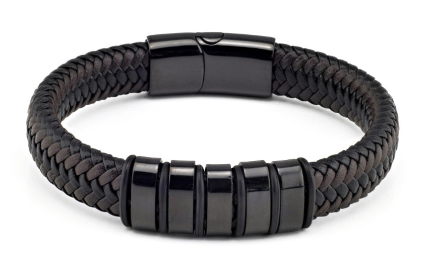 INTERTWINED BLACK-BROWN LEATHER BRACELET WITH BLACK STAINLESS STEEL PARTS BY MENVARD MV1026
