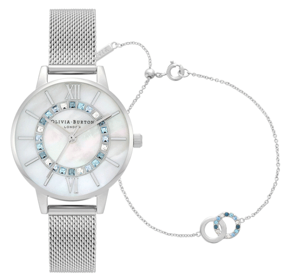 Olivia Burton Wonderland Blue Crystal Midi Dial Watch & Interlink Bracelet Silver Gift Set OBGSET161